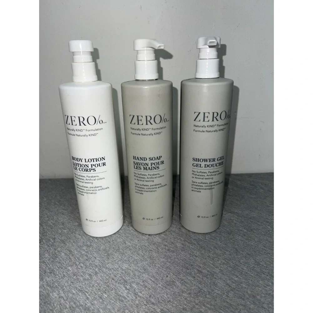 Zero% Set Of Body Lotion Hand Soap & Shower Gel 15 Fl Oz Each Naturally Kind